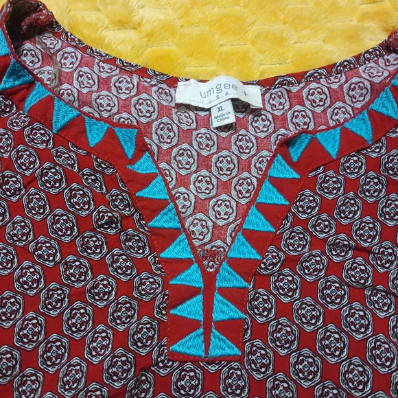 Umgee Red and Blue Geometric Dress. - Picture 3 of 5